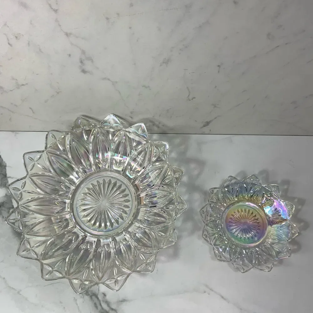 VINTAGE 60’s Federal Glass Iridescent Carnival Glass flower petal plate set